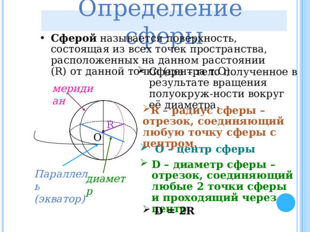 Определение сферы Сферой называется поверхность, состоящая из всех точек пространства, расположенных на данном расстоянии ( R) от данной точки ( центра т.О). Сфера – тело полученное в результате вращения полуокруж-ности вокруг её диаметра. меридиан R – радиус сферы – отрезок, соединяющий любую точку сферы с центром. R О  О – центр сферы D – диаметр сферы – отрезок, соединяющий любые 2 точки сферы и проходящий через центр. Параллель (экватор) диаметр D = 2R 