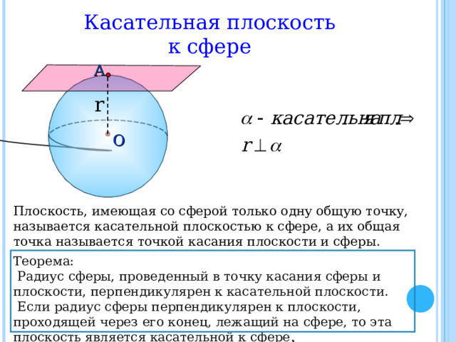 Касательная плоскость к сфере А r О Плоскость, имеющая со сферой только одну общую точку, называется касательной плоскостью к сфере, а их общая точка называется точкой касания плоскости и сферы. Теорема:  Радиус сферы, проведенный в точку касания сферы и плоскости, перпендикулярен к касательной плоскости.  Если радиус сферы перпендикулярен к плоскости, проходящей через его конец, лежащий на сфере, то эта плоскость является касательной к сфере . 10 