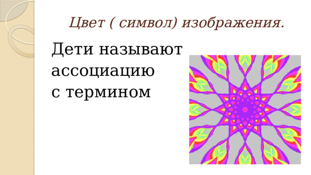 Цвет ( символ) изображения. Дети называют ассоциацию с термином 