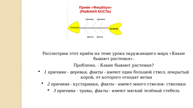 Рассмотрим этот приём на теме урока окружающего мира «Какие бывают растения». Проблема. - Какие бывают растения? 1 причина  - деревья,  факты  - имеют один большой ствол, покрытый корой, от которого отходят ветки 2 причина  - кустарники,  факты  - имеют много стволов- стволики 3 причина  - травы,  факты  - имеют мягкий зелёный стебель 