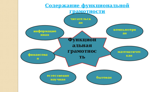 Содержание функциональной грамотности читательская компьютерная информационная Функциональная грамотность математическая финансовая бытовая естественнонаучная 