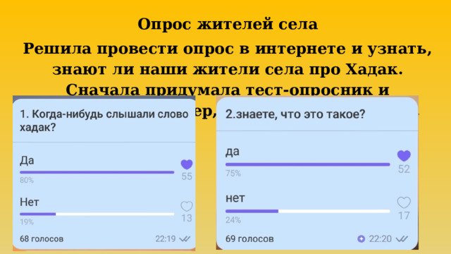 Опрос жителей села Решила провести опрос в интернете и узнать, знают ли наши жители села про Хадак. Сначала придумала тест-опросник и выложила в Вайбер, в группу нашего села. 