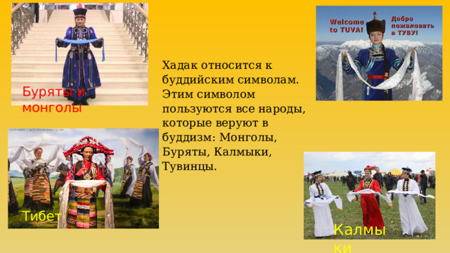 Хадак относится к буддийским символам. Этим символом пользуются все народы, которые веруют в буддизм: Монголы, Буряты, Калмыки, Тувинцы.   Буряты и монголы Тибет Калмыки 