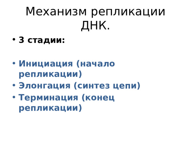 Механизм репликации ДНК. 3 стадии:  Инициация (начало репликации) Элонгация (синтез цепи) Терминация (конец репликации) 