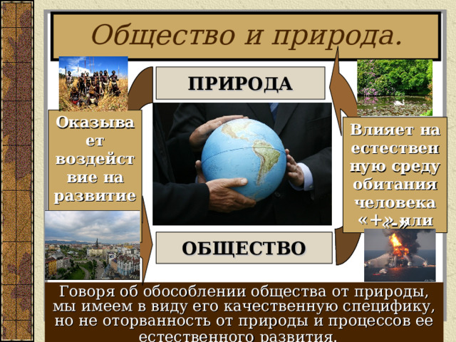Общество и природа. ПРИРОДА Оказывает воздействие на развитие стран и народов Влияет на естественную среду обитания человека «+» или « -» ОБЩЕСТВО Говоря об обособлении общества от природы, мы имеем в виду его качественную специфику, но не оторванность от природы и процессов ее естественного развития.  