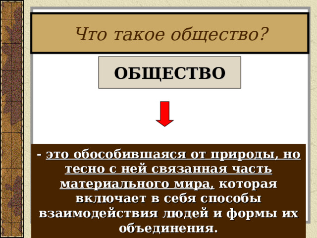Что такое общество? ОБЩЕСТВО - это обособившаяся от природы, но тесно с ней связанная часть материального мира, которая включает в себя способы взаимодействия людей и формы их объединения.  