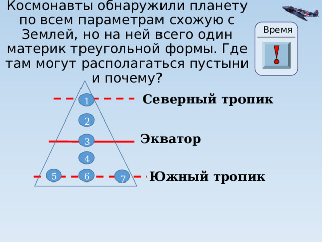 Космонавты обнаружили планету по всем параметрам схожую с Землей, но на ней всего один материк треугольной формы. Где там могут располагаться пустыни и почему? Время 21 22 23 24 25 30 27 28 29 19 20 26 18 7 17 0 1 2 3 4 6 5 8 9 10 11 13 14 15 16 12 Северный тропик 1 2 Экватор 3 4 Южный тропик 6 5 7 5 