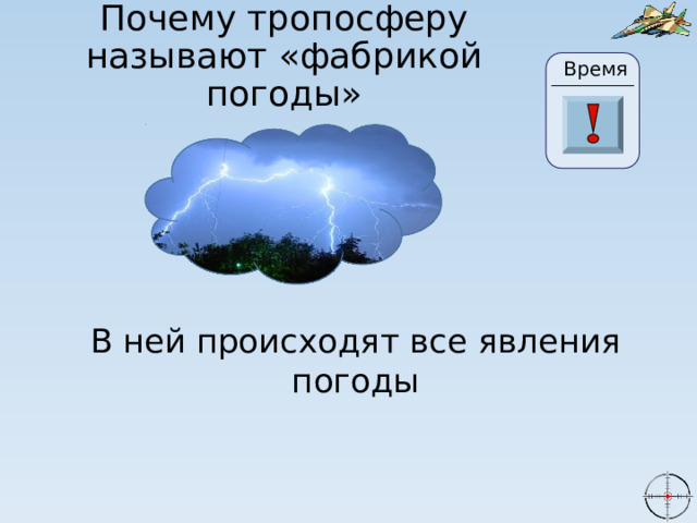 Почему тропосферу называют «фабрикой погоды» Время 24 0 20 21 22 23 26 25 27 28 29 30 18 19 16 7 1 2 3 4 5 15 6 8 9 10 11 13 14 17 12 В ней происходят все явления погоды 