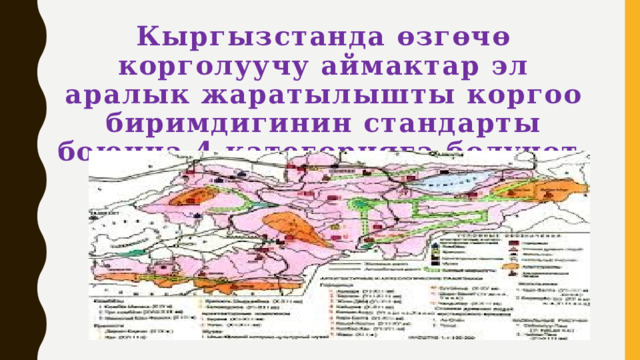 Кыргызстанда өзгөчө корголуучу аймактар эл аралык жаратылышты коргоо биримдигинин стандарты боюнча 4 категорияга бөлүнөт.   