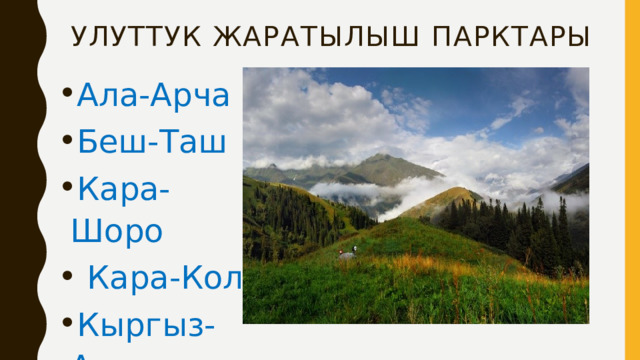 Улуттук жаратылыш парктары   Ала-Арча Беш-Таш Кара-Шоро  Кара-Кол Кыргыз-Ата   
