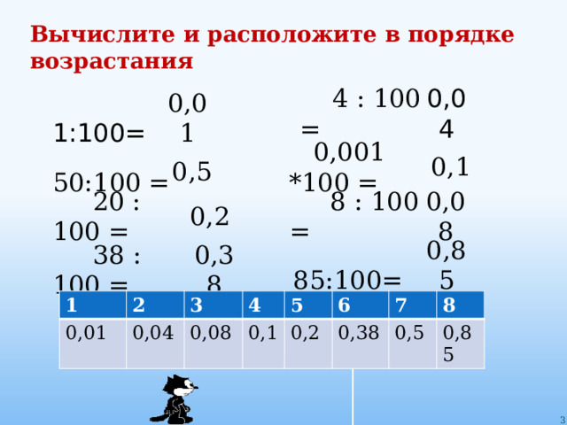 Вычислите и расположите в порядке возрастания 0,04  4 : 100 =  1:100= 0,01 0,1  50:100 =  0,001 *100 = 0,5  20 : 100 = 0,2 0,08  8 : 100 =  85:100= 0,85  38 : 100 = 0,38 1 0,01 2 3 0,04 4 0,08 5 0,1 0,2 6 7 0,38 8 0,5 0,85  