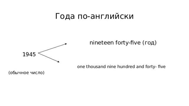 Года по-английски    nineteen forty-five (год)   1945  one thousand nine hundred and forty- five (обычное число) 