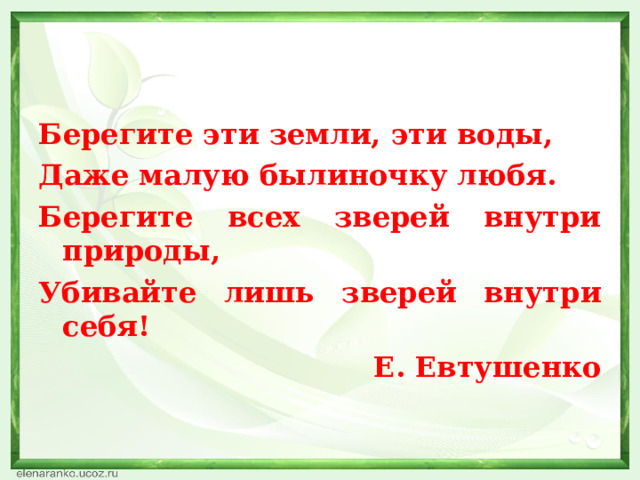 Берегите эти земли, эти воды, Даже малую былиночку любя. Берегите всех зверей внутри природы, Убивайте лишь зверей внутри себя! Е. Евтушенко  