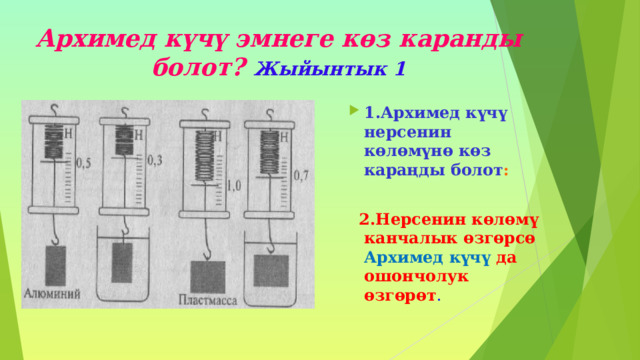 Архимед күчү эмнеге көз каранды болот? Жыйынтык 1 1.Архимед күчү нерсенин көлөмүнө көз караңды болот :   2.Нерсенин көлөмү канчалык өзгөрсө Архимед күчү да ошончолук өзгөрөт .  