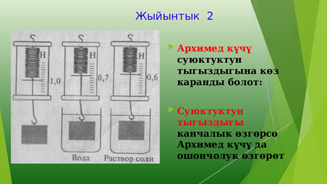 Жыйынтык 2 Архимед күчү суюктуктун тыгыздыгына көз каранды болот: Суюктуктун тыгыздыгы канчалык өзгөрсө Архимед күчү да ошончолук өзгөрөт   