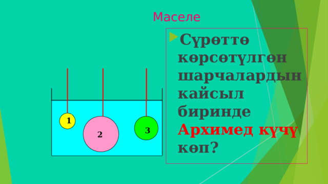 Маселе Сүрөттө көрсөтүлгөн шарчалардын кайсыл биринде Архимед күчү көп? 1 1 3 3 2 2 18 