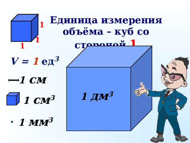 Единица измерения объёма – куб со стороной  1 1 1 1 V = 1 ед 3 1  см 1  дм 3 1  см 3 1  м м 3  
