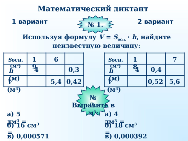 Математический  диктант № 1. 1 вариант 2 вариант Используя формулу V =  S осн. ·  h , найдите неизвестную величину: 18 6 19 7 S осн. ( м 2 ) S осн. ( м 2 ) 0,4 0,3 4 4 h ( м) h ( м) 5,4 0,52 5,6 0,4 2 V ( м 3 ) V ( м 3 ) № 2 . Выразите в м 3 : а) 5 дм 3 = а) 4 дм 3 = б) 16 см 3 = б) 18 см 3 = в) 0,000571 км 3 = в) 0,000392 км 3 = 
