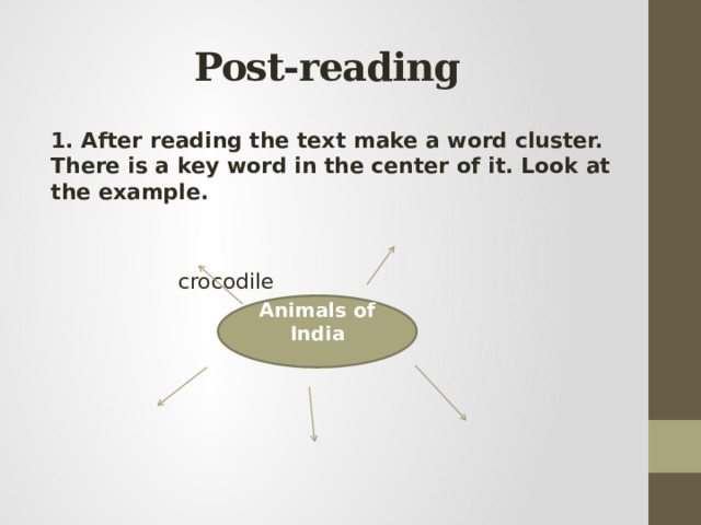 Post-reading 1. After reading the text make a word cluster. There is a key word in the center of it. Look at the example.  crocodile Animals of India 