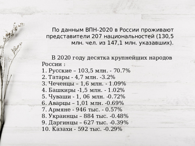 По данным ВПН-2020 в России проживают представители 207 национальностей (130,5 млн. чел. из 147,1 млн. указавших).  В 2020 году десятка крупнейших народов России : 1. Русские – 103,5 млн. - 70.7% 2. Татары - 4,7 млн. -3.2% 3. Чеченцы – 1,6 млн. - 1.09% 4. Башкиры -1,5 млн. - 1.02% 5. Чуваши - 1, 06 млн. -0.72% 6. Аварцы – 1,01 млн. -0.69% 7. Армяне - 946 тыс. - 0.57% 8. Украинцы – 884 тыс. -0.48% 9. Даргинцы – 627 тыс. -0.39% 10. Казахи - 592 тыс. -0.29% 