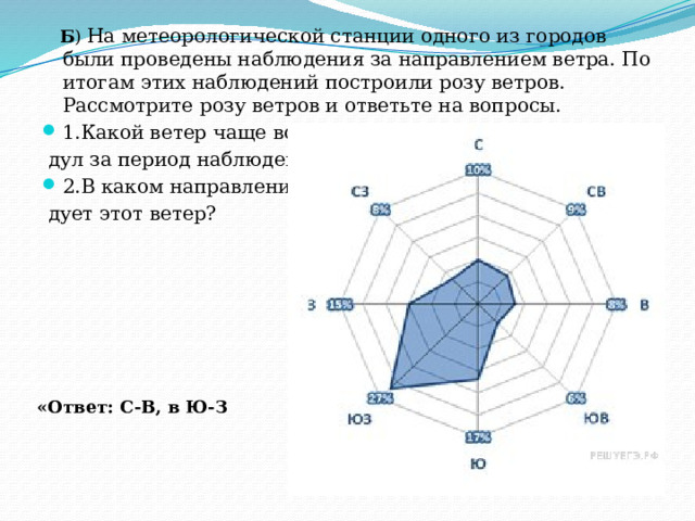  Б ) На метеорологической станции одного из городов были проведены наблюдения за направлением ветра. По итогам этих наблюдений построили розу ветров. Рассмотрите розу ветров и ответьте на вопросы. 1.Какой ветер чаще всего  дул за период наблюдения? 2.В каком направлении  дует этот ветер? «Ответ: С-В, в Ю-З 