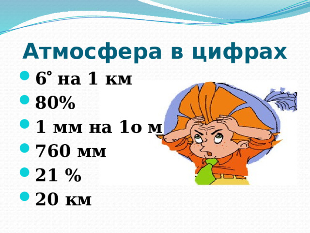 Атмосфера в цифрах 6  на 1 км 80% 1 мм на 1о м 760 мм 21 % 20 км 