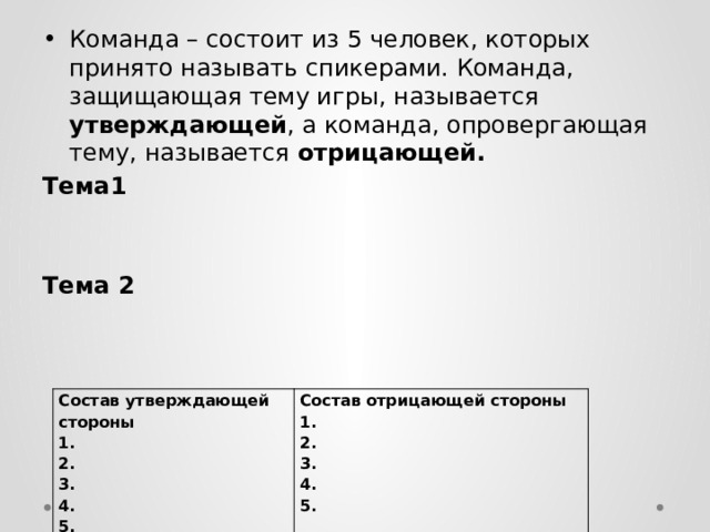 Команда – состоит из 5 человек, которых принято называть спикерами. Команда, защищающая тему игры, называется утверждающей , а команда, опровергающая тему, называется отрицающей. Тема1   Тема 2 Состав утверждающей стороны Состав отрицающей стороны 1. 2. 1. 3. 2. 4. 3. 5. 4. 5. 