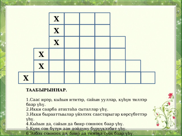 Х Х Х Х Х Х ТААБЫРЫННАР.  1.Саас ирэр, кыһын ититэр, сайын ууллар, күһүн тиллэр баар үһү. 2.Икки саарба атахтаһа сыталлар үһү. 3.Икки бырааттыылар үйэлээх саастарыгар көрсүбэттэр үһү. 4.Кыһын да, сайын да биир сонноох баар үһү. 5.Күөх сон бүтүн аан дойдуну бүрүүкээбит үһү. 6.Элбэх сонноох да, биир да тимэҕэ суох баар үһү. 
