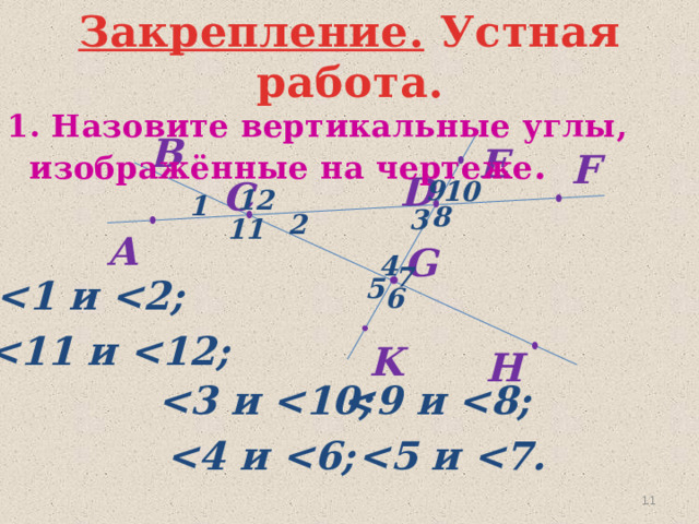 Закрепление. Устная работа. 1. Назовите вертикальные углы,  изображённые на чертеже . B E F  D  C 9 10 12 1  8 3  2 11   A G 4 7  5 6    K H      10 