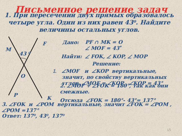 Письменное решение задач 1. При пересечении двух прямых образовалось четыре угла. Один из них равен 43 0 . Найдите величины остальных углов. PF ∩ MK = O   MOF = 43  Дано: F M 43 0   FOK,  KOP,  MOP Найти:  Решение:  МОF и  KOP вертикальные, значит, по свойству вертикальных углов,  МОF =  KOP ,  KOP = 43°  O 2.  МОF +  FOK = 180°, так как они смежные. Отсюда  FOK = 180°- 43°= 137°  P K 3.  FOK и  POM вертикальные, значит  FOK =  POM ,  POM =137°  Ответ: 137 0 , 43 0 , 137 0  15 