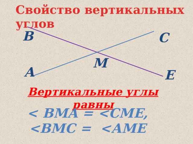 Свойство вертикальных углов В С М A Е Вертикальные углы равны   