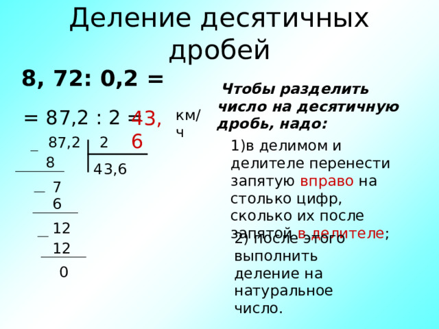 Деление десятичных дробей 8 , 72 : 0 ,2  =  Чтобы разделить число на  десятичную дробь, надо: = 87 , 2 : 2 = 43 , 6 км/ч  87 , 2  2 1)в делимом и делителе перенести запятую вправо на столько цифр, сколько их после запятой в делителе ; 8 3 , 4 6 7 6 12 2) после этого выполнить деление на натуральное число. 12 0 