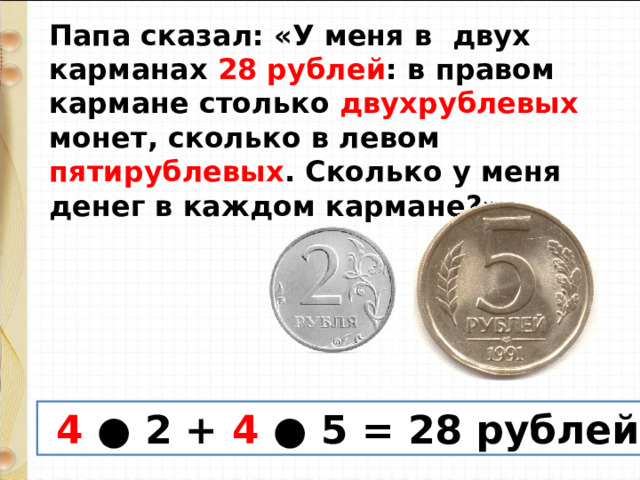 Папа сказал: «У меня в  двух карманах 28 рублей : в правом кармане столько двухрублевых монет, сколько в левом пятирублевых . Сколько у меня денег в каждом кармане?»   4 ● 2 + 4 ● 5 = 28 рублей 