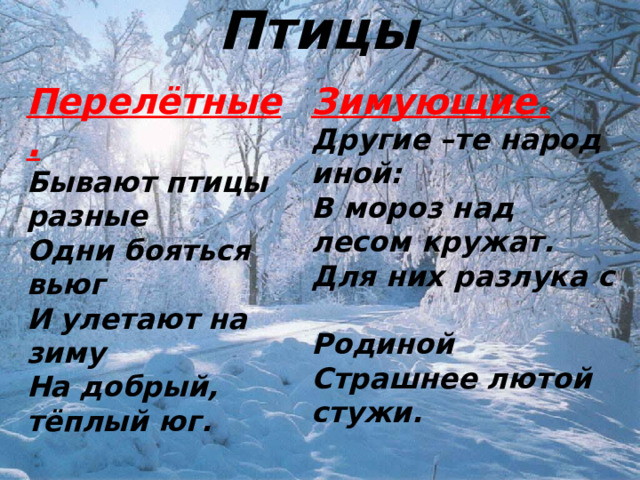 Птицы Перелётные. Зимующие. Бывают птицы разные Другие –те народ иной: Одни бояться вьюг В мороз над лесом кружат. И улетают на зиму Для них разлука с На добрый, тёплый юг. Родиной Страшнее лютой стужи. 