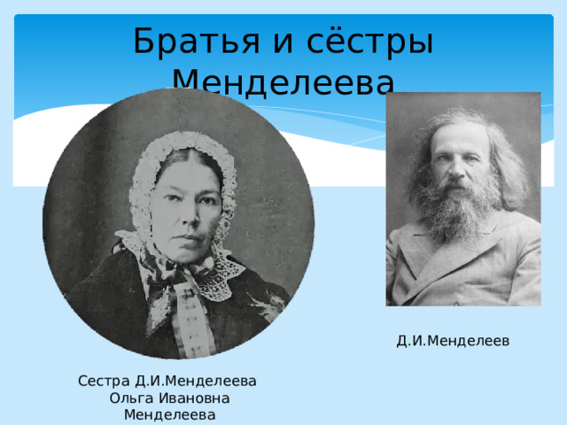 Братья и сёстры Менделеева Д.И.Менделеев Сестра Д.И.Менделеева Ольга Ивановна Менделеева 