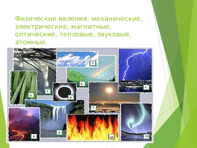 Физические явления: механические, электрические, магнитные, оптические, тепловые, звуковые, атомные.  