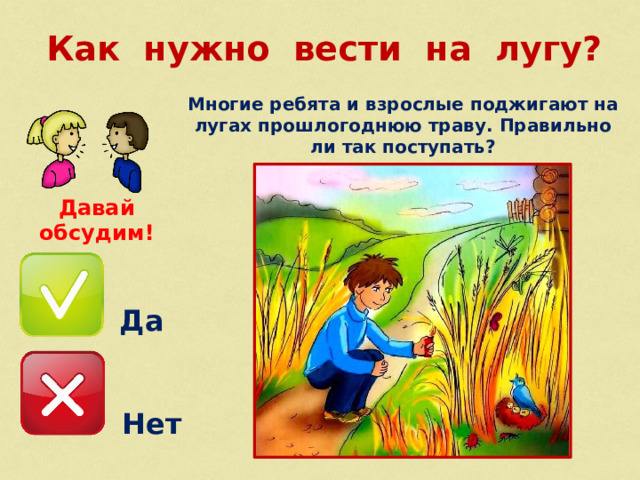 Как нужно вести на лугу?  Многие ребята и взрослые поджигают на лугах прошлогоднюю траву. Правильно ли так поступать? Давай обсудим! Да Нет  