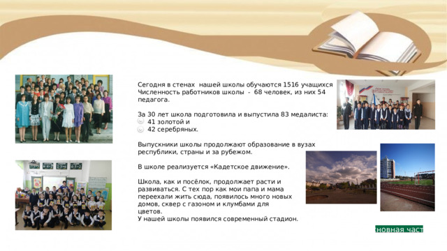 Сегодня в стенах нашей школы обучаются 1516 учащихся Численность работников школы - 68 человек, из них 54 педагога. За 30 лет школа подготовила и выпустила 83 медалиста:  41 золотой и  42 серебряных. Выпускники школы продолжают образование в вузах республики, страны и за рубежом. В школе реализуется «Кадетское движение». Школа, как и посёлок, продолжает расти и развиваться. С тех пор как мои папа и мама переехали жить сюда, появилось много новых домов, сквер с газоном и клумбами для цветов. У нашей школы появился современный стадион. Основная часть 