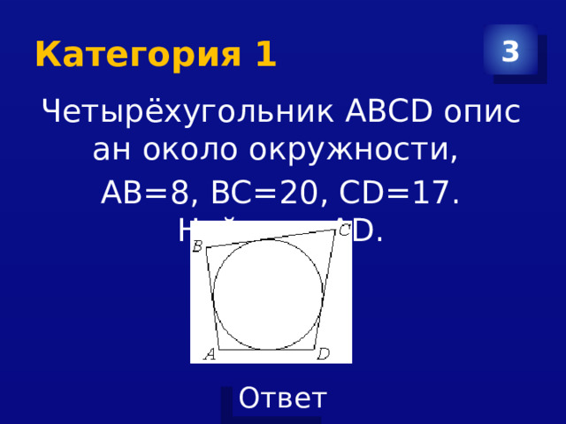 Категория 1 3 Четырёхугольник ABCD описан около окружности,  AB=8, BC=20, CD=17. Найдите AD. 