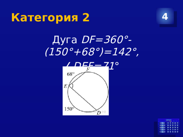 Категория 2 4 Дуга DF=360°-(150°+68°)=142°, ∠ DEF=71 ° 