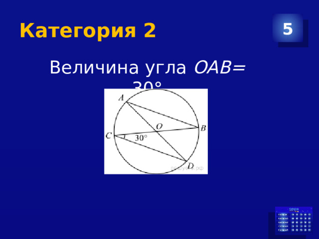 Категория 2 5 Величина угла  OAB= 30° 