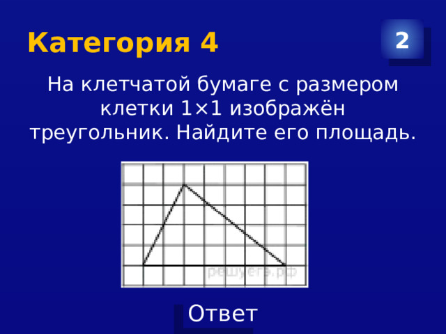 Категория 4 2 На клетчатой бумаге с размером клетки 1×1 изображён треугольник. Найдите его площадь. 