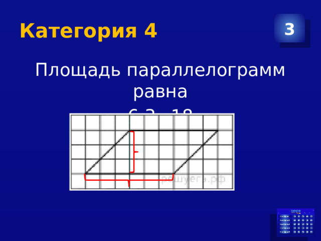 Категория 4 3 Площадь параллелограмм равна 6·3=18 