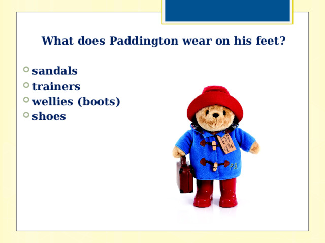 What does Paddington wear on his feet?  sandals trainers wellies (boots) shoes 