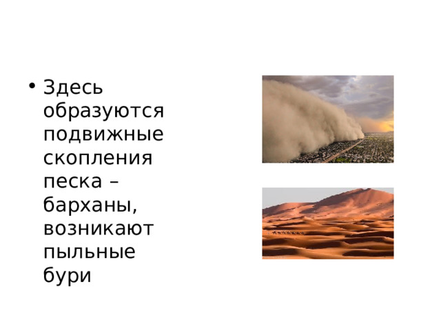 Здесь образуются подвижные скопления песка – барханы, возникают пыльные бури  