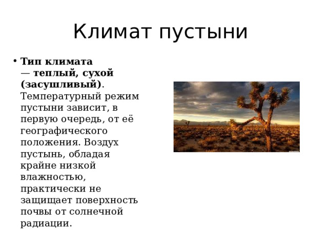 Климат пустыни Тип климата —  теплый, сухой (засушливый) . Температурный режим пустыни зависит, в первую очередь, от её географического положения. Воздух пустынь, обладая крайне низкой влажностью, практически не защищает поверхность почвы от солнечной радиации. 