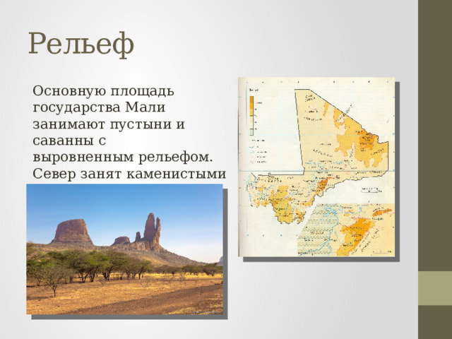 Рельеф Основную площадь государства Мали занимают пустыни и саванны с выровненным рельефом. Север занят каменистыми пустынями Сахары. 