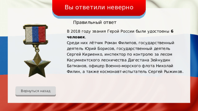 Вы ответили неверно Правильный ответ В 2018 году звания Герой России были удостоены 6 человек . Среди них лётчик Роман Филипов, государственный деятель Юрий Борисов, государственный деятель Сергей Кириенко, инспектор по контролю за лесом Касумкентского лесничества Дагестана Зейнудин Батманов, офицер Военно-морского флота Николай Филин, а также космонавт-испытатель Сергей Рыжиков. Вернуться назад 