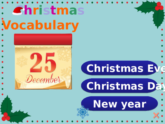  C h r i s t m a s Vocabulary Christmas Eve Christmas Day New year  