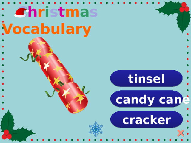  C h r i s t m a s Vocabulary tinsel candy cane cracker  